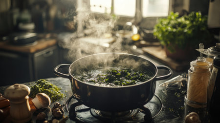 A cozy kitchen scene with a pot of bubbling seaweed soup on the stove, surrounded by fresh ingredients like seaweed, mushrooms, and spices, capturing the essence of home cooking.の素材