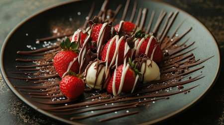 A creative shot of chocolate-covered strawberries arranged on a beautiful plate, drizzled with white chocolate, making for a romantic dessert perfect for special occasions.の素材