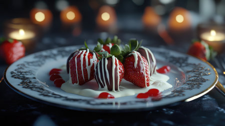 A creative shot of chocolate-covered strawberries arranged on a beautiful plate, drizzled with white chocolate, making for a romantic dessert perfect for special occasions.の素材