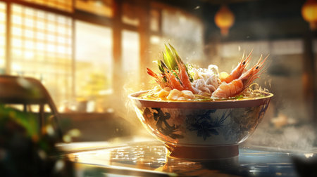 A delicious ramen bowl featuring seafood toppings like shrimp and squid, artfully arranged in the broth, with a blurred background of a traditional Japanese setting for an authentic feel.の素材