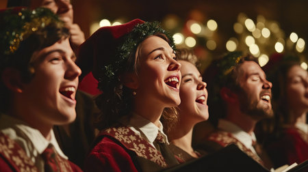 A dynamic shot of a choral group performing a festive song during a holiday concert, decorated with seasonal elements, emphasizing the spirit of celebration through music.の素材