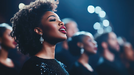 A diverse group of singers in elegant attire performing a choral piece on stage, their expressions filled with passion and emotion, creating a captivating atmosphere in a well-lit auditorium.の素材