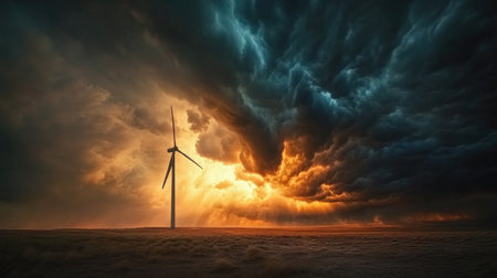 A dramatic shot of a wind turbine standing tall against a stormy sky, emphasizing the resilience and power of renewable energy in the face of nature's elements.の素材