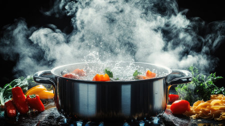 A dynamic image of a pot with boiling water, with steam swirling around and kitchen ingredients like pasta or vegetables ready to be added.の素材