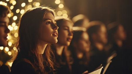 A dynamic shot of a choral group performing a festive song during a holiday concert, decorated with seasonal elements, emphasizing the spirit of celebration through music.の素材