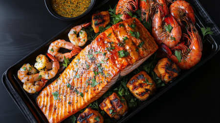 A beautifully arranged platter featuring grilled salmon fillet, shrimp, and charred corn. This vibrant seafood dish is perfect for gourmet dining or casual gatherings.の素材