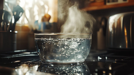 A detailed shot of a glass pot with clear water boiling, capturing the steam and bubbles, with the kitchen stove and surrounding utensils slightly blurred.の素材