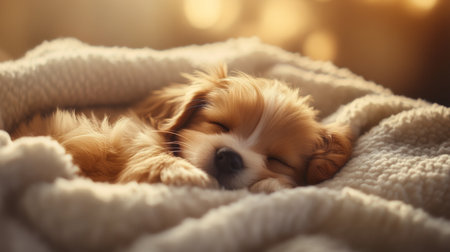 A charming puppy sleeps soundly on a soft blanket, exuding warmth and tranquility. This serene scene captures the essence of pet companionship and comfort.の素材