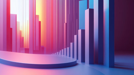 A detailed D financial bar chart with gradient colors, displaying growth data in a modern, tech-inspired setting, with lines and numbers indicating rising profits.の素材