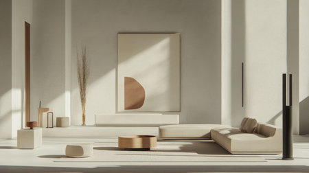 Bright and airy living room featuring minimalist design, neutral tones, and artistic decor. Emphasizes sunlight, geometric shapes, and relaxed ambiance.の素材