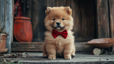 This delightful image features an adorable puppy dressed with a red bow tie, sitting on a wooden floor, capturing the essence of cuteness and charm.の素材