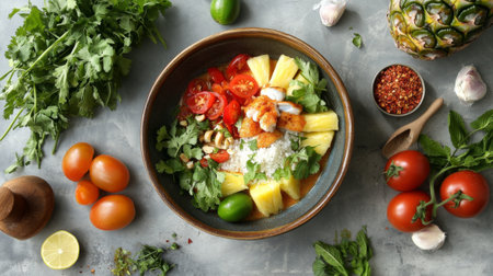 A vibrant tropical salad bowl featuring fresh pineapple, cherry tomatoes, and an array of herbs, perfect for healthy eating and summer meals.の素材