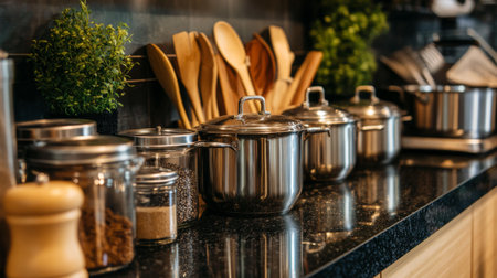 A stylish modern kitchen featuring stainless steel cookware, wooden utensils, and fresh herbs. The sleek countertop enhances the culinary atmosphere.の素材