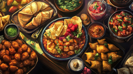 A vibrant spread of various Indian dishes showcases the rich flavors and colorful presentation of traditional cuisine. Perfect for food enthusiasts.の素材