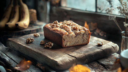 A freshly baked banana bread loaf topped with walnuts, showcased on a rustic wooden table. Perfect for capturing the essence of cozy baking moments.の素材