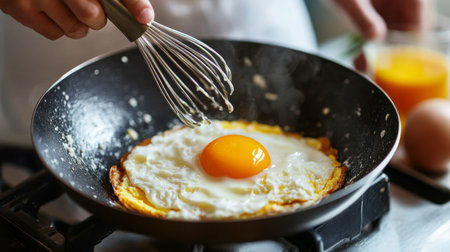 A close-up view of a skilled chef cooking a fresh egg in a non-stick skillet. The bright yolk shines as the whisk hovers above, emphasizing a peaceful kitchen vibe.の素材