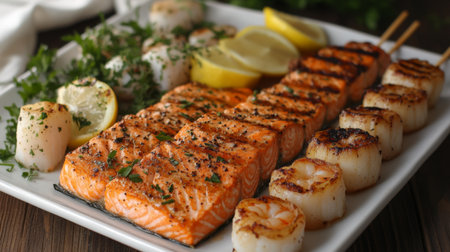 A beautifully arranged platter featuring grilled salmon and scallops, garnished with fresh herbs and lemon slices. Perfect for a gourmet seafood experience.の素材