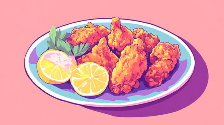 This vibrant image features a plate of crispy fried chicken paired with fresh lemon slices. The colorful presentation highlights the deliciousness and appeal of this classic comfort food. Perfect for food enthusiasts and culinary projects.の素材