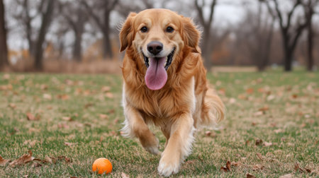 A lively golden retriever runs joyfully towards a bright orange ball in a park, capturing the essence of fun, companionship, and playfulness in nature.の素材