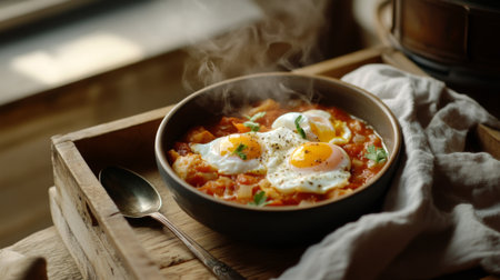 A vibrant bowl of shakshuka featuring steaming eggs nestled in a rich tomato sauce. Fresh herbs garnish this comforting dish, perfect for breakfast.の素材