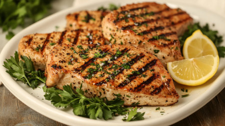 Savor the flavor of perfectly grilled fish fillets garnished with fresh herbs and lemon. Ideal for healthy meals, outdoor dining, and culinary artistry.の素材