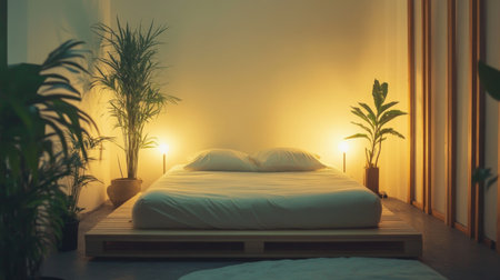 A cozy bedroom featuring a comfortable bed surrounded by lush plants and warm lighting, creating a tranquil and modern atmosphere perfect for relaxation.の素材