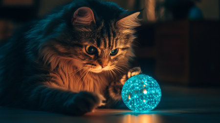 A captivating scene of a playful cat intently interacting with a glowing blue ball in soft lighting. The moment captures curiosity and warmth.の素材