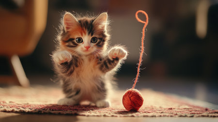 A charming kitten plays with a yarn ball, showcasing its playful nature and curiosity. The soft light enhances the adorable features of the cat.の素材