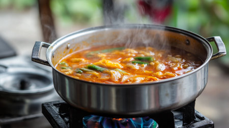 A steaming pot of soup simmers on a gas stove, showcasing vibrant ingredients. The scene captures the essence of home-cooked meals, filled with warmth and flavor.の素材