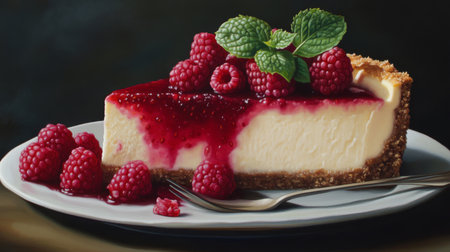 A delectable slice of creamy cheesecake topped with vibrant raspberry sauce and fresh mint leaves, served on a simple plate. Perfect for dessert lovers!の素材