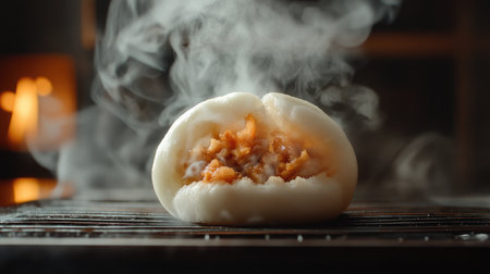 A close-up of a half-opened bao bun revealing its rich filling, with steam rising, capturing the enticing aroma and inviting texture that makes it irresistible.の素材