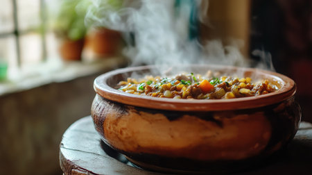 A close-up of a traditional clay pot with a steaming, savory stew inside, set on a rustic table with a focus on the rich, comforting food and the pot's texture.の素材