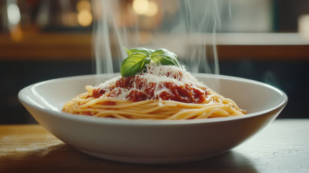 A close-up shot of a steaming bowl of spaghetti topped with rich marinara sauce and garnished with fresh basil and grated Parmesan, showcasing the mouthwatering appeal of this beloved dish.の素材