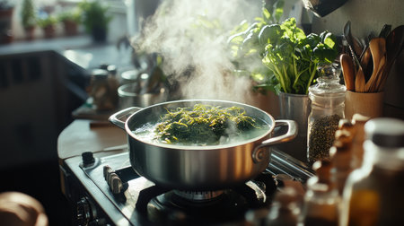 A cozy kitchen scene with a pot of bubbling seaweed soup on the stove, surrounded by fresh ingredients like seaweed, mushrooms, and spices, capturing the essence of home cooking.の素材