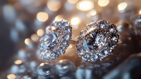 A close-up shot of a pair of elegant diamond earrings sparkling in soft lighting, highlighting their intricate design and brilliance.の素材