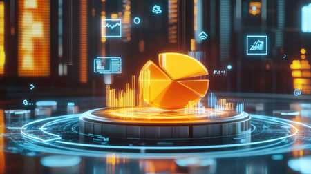 A dynamic D pie chart emerging from a digital interface, representing quarterly earnings distribution, surrounded by floating icons symbolizing various financial metrics, highlighting innovation in finance.の素材