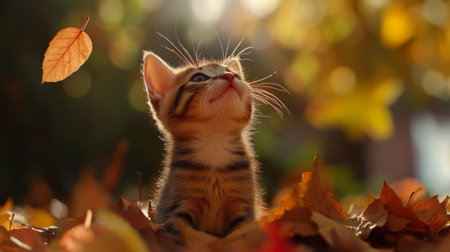 A charming kitten looks up in wonder at a falling leaf, surrounded by colorful autumn foliage. The soft sunlight enhances the playful atmosphere and warm colors.の素材