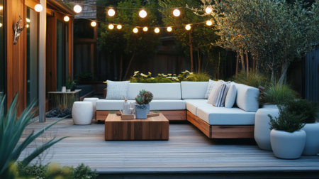 This stunning outdoor patio features a stylish seating area adorned with soft cushions, a wooden coffee table, and ambient lighting, creating a perfect escape.の素材