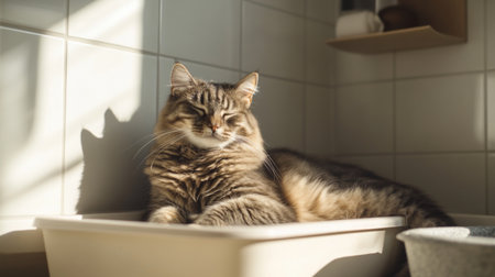 A serene scene of a fluffy cat lounging comfortably in a sunlit bathroom. The pet enjoys a warm spot on a bathing tray, showcasing relaxation and peace.の素材