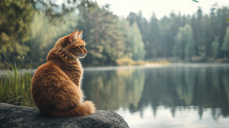 A beautiful ginger cat sits peacefully on a rock by a serene lake, surrounded by lush trees. The calm water reflects the stunning scenery, capturing a tranquil moment in nature.の素材