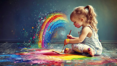 A joyful child immersed in painting, creating a vibrant rainbow with colorful splashes. This artistic moment captures creativity, imagination, and the beauty of childhood.の素材