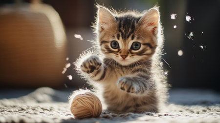 A playful tabby kitten interacts joyfully with a ball of yarn, showcasing its adorable features and boundless energy in soft, warm light.の素材