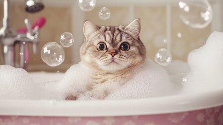 A charming cat immerses itself in a bubbly bath, displaying a curious gaze amidst floating bubbles, embodying a playful and relaxing atmosphere.の素材