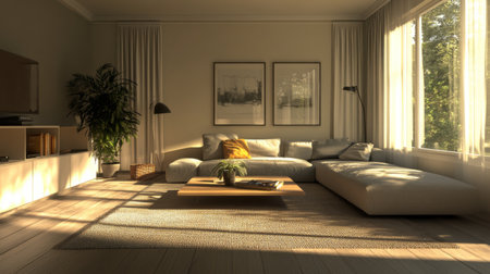 Bright and inviting living room featuring a modern sofa, stylish decor, and a green plant. Sunlight floods the space, creating a warm and cozy atmosphere ideal for relaxation.の素材