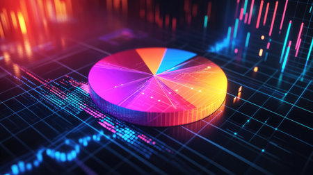 A dynamic D pie chart with vibrant sections, hovering above a grid background with digital data and percentages, representing a breakdown of business performance.の素材