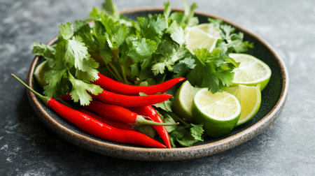 Vibrant plate featuring fresh limes, red chili peppers, and coriander, perfect for adding flavor to any dish. Ideal for cooking inspiration and healthy meals.の素材