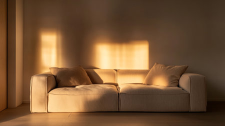 A cozy and minimalist sofa featuring soft beige fabric, illuminated by warm sunlight. The scene captures a serene home atmosphere with inviting textures.の素材