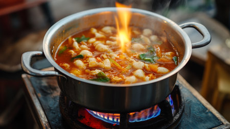 A vibrant pot of spicy soup simmers over an open flame, showcasing fresh ingredients and aromatic spices. Perfect for food enthusiasts and culinary lovers.の素材