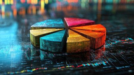 A futuristic D pie chart rotating slowly, with different sections representing stock market shares, against a digital financial background.の素材