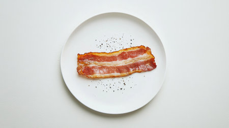 A minimalist composition featuring a single, perfectly cooked slice of bacon lying flat on a white plate, with a sprinkle of black pepper, highlighting its savory appeal.の素材
